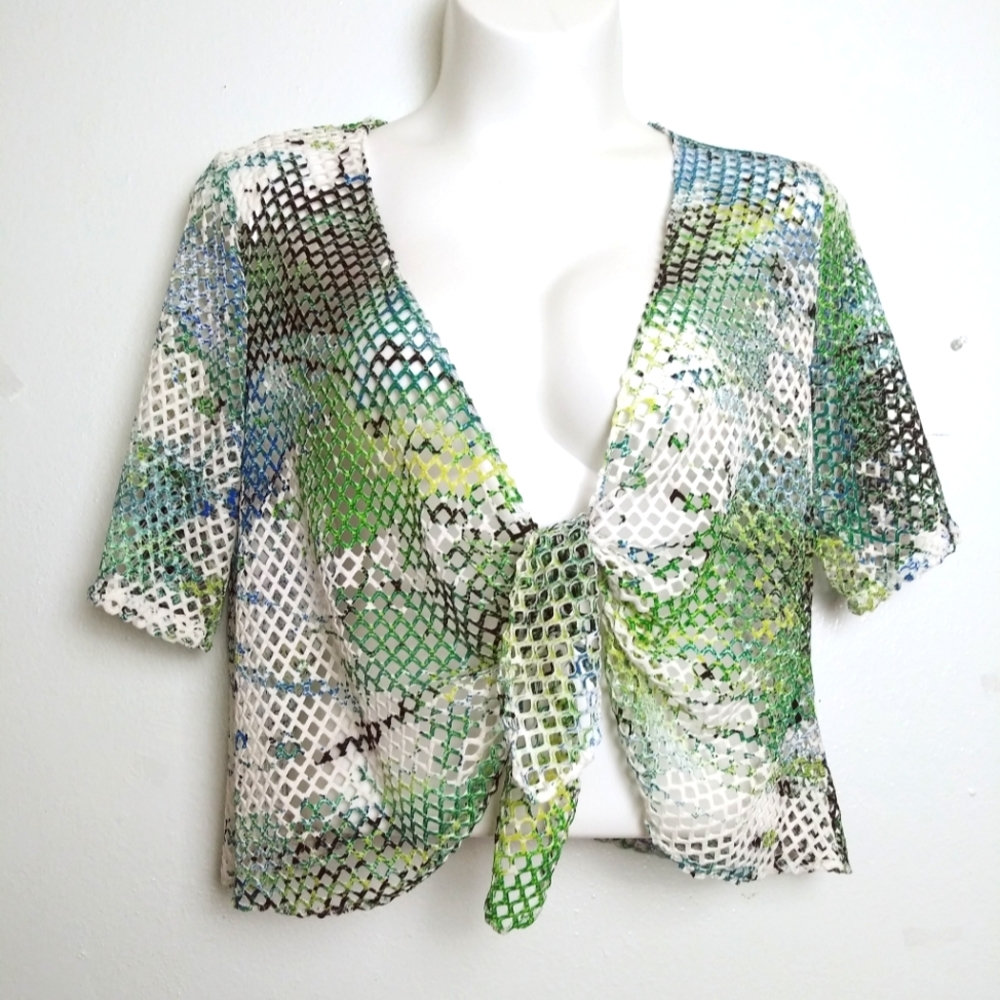 Perception 20W Bolero Cardigan Tie Front Abstract Print Green Summer Vacation